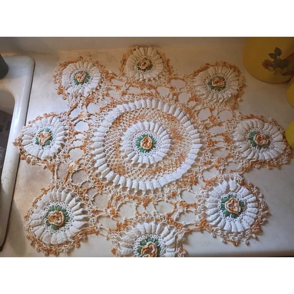Vintage Handmade Floral Crochet Doily 27" Table Topper - Retro 1970s